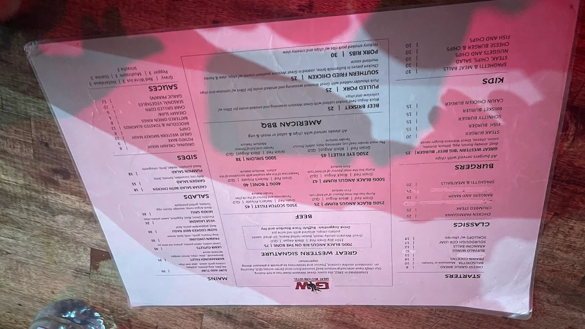 Menu, Great Western Hotel