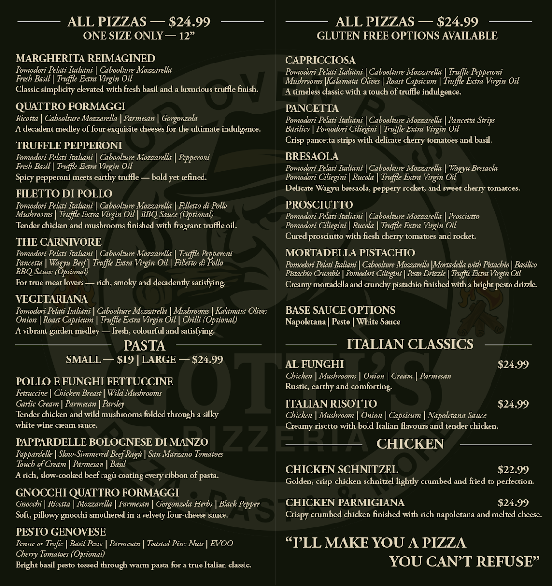 Menu, Gotti's Pizzeria
