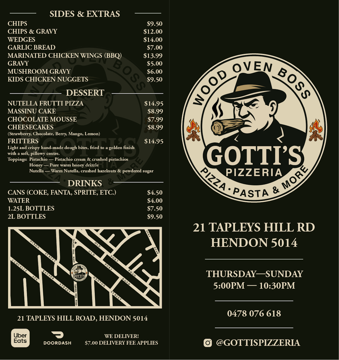 Menu, Gotti's Pizzeria