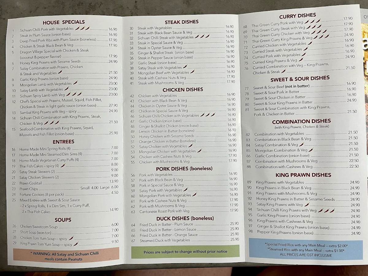 Menu, Dragon Village