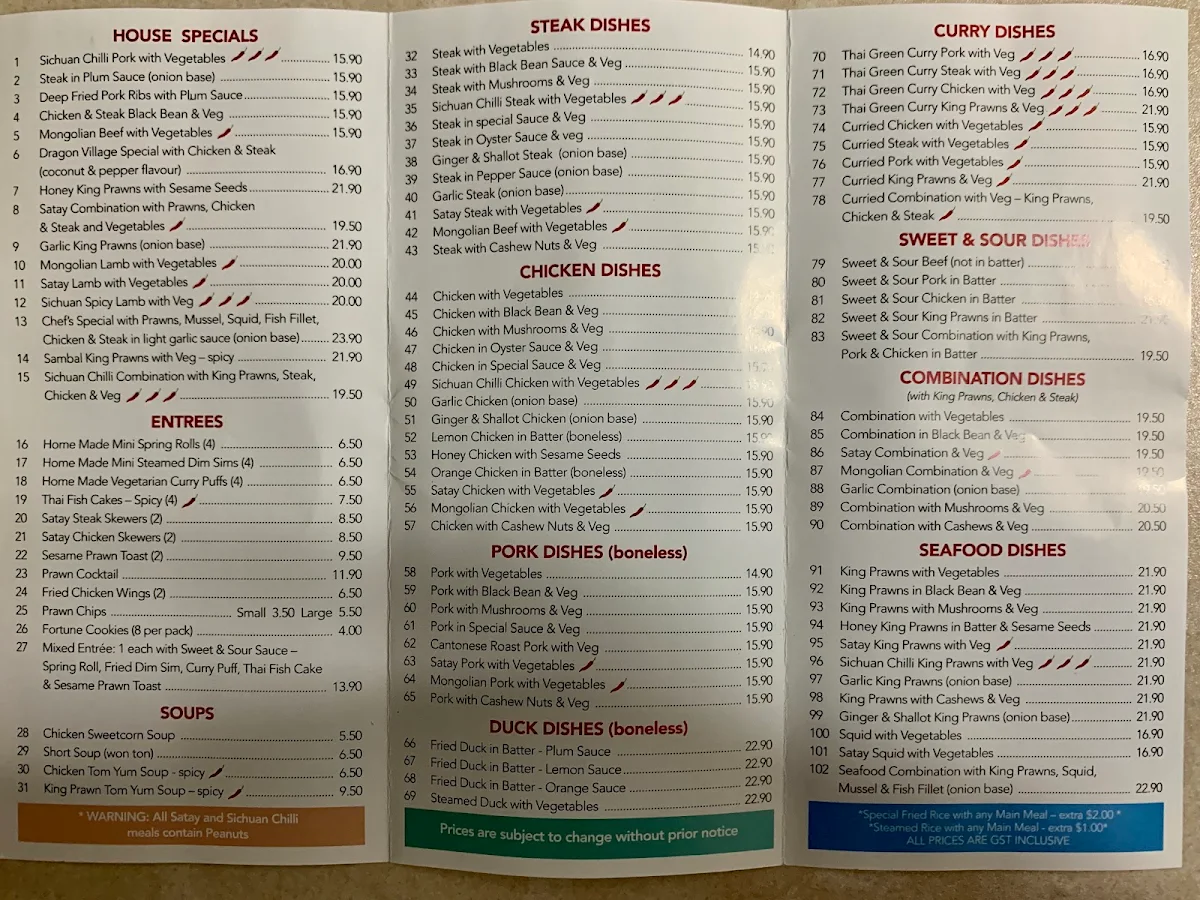 Menu, Dragon Village