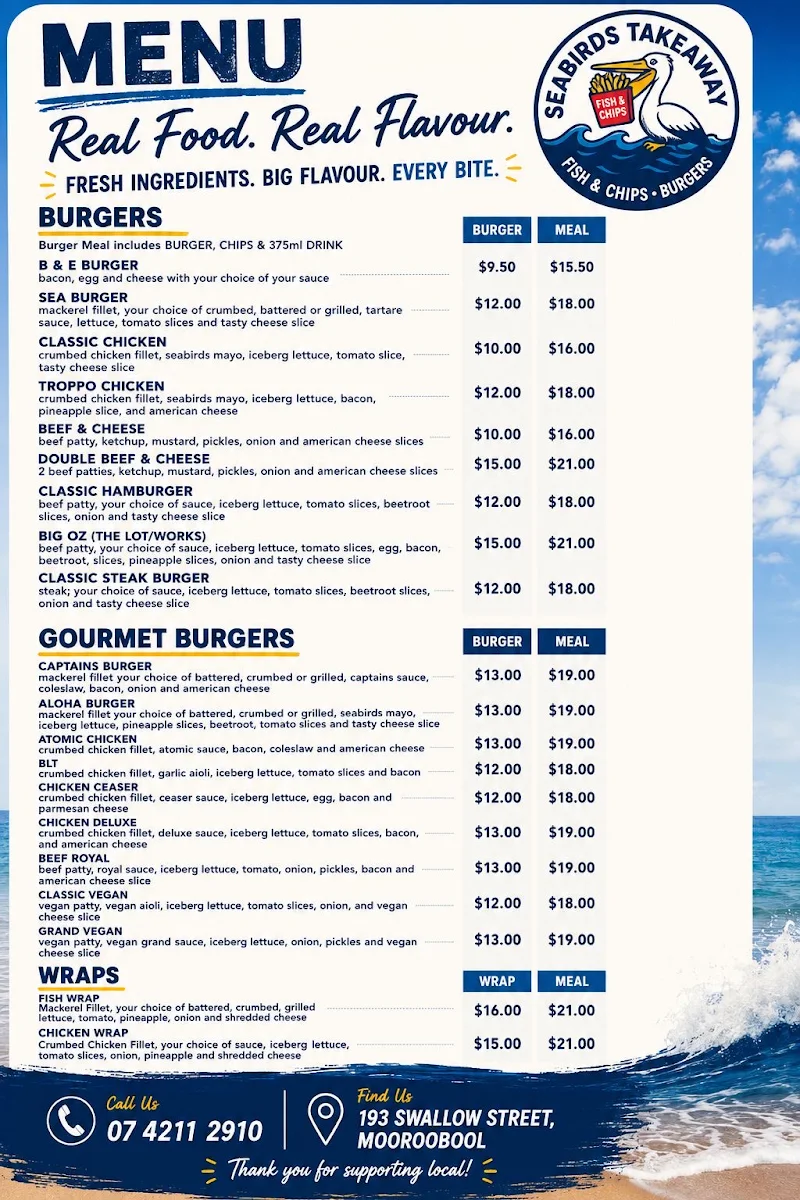 Menu, Seabirds Takeaway