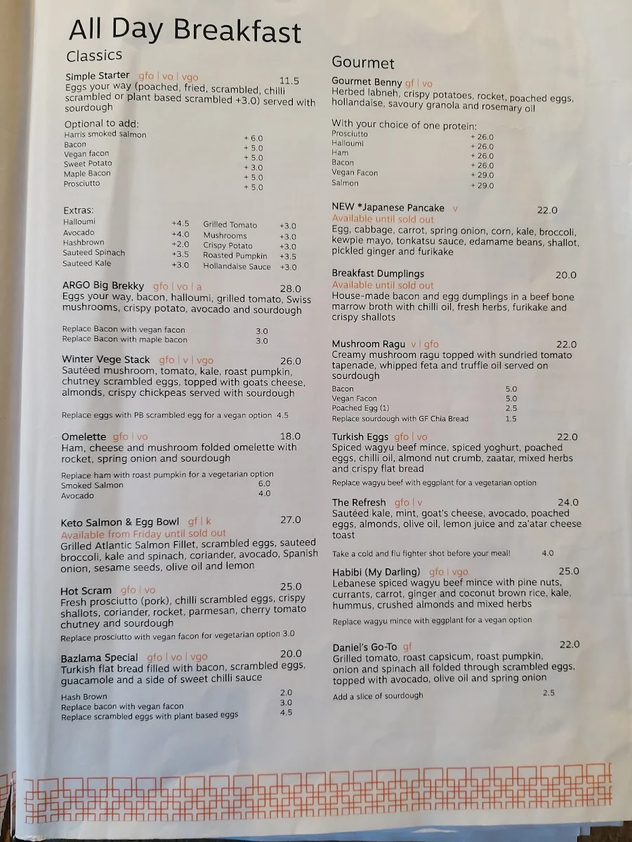 Menu, Argo on the Parade
