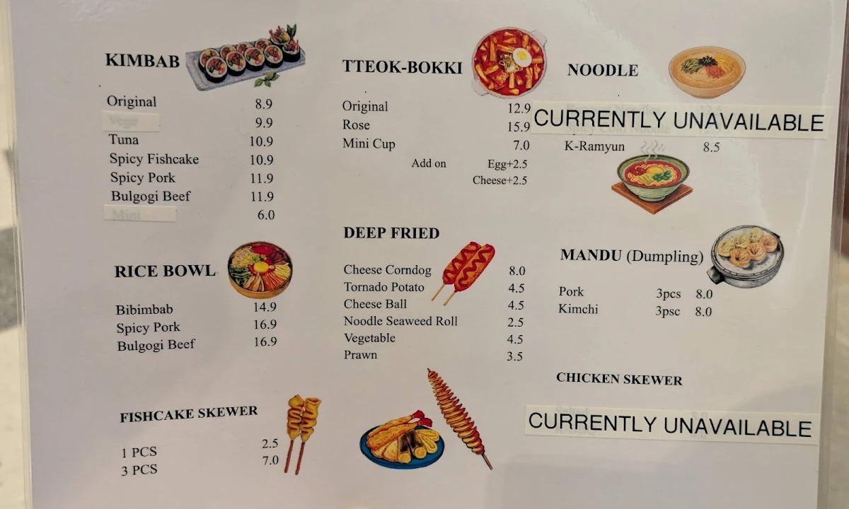 Menu, Bunsik Hannip Korean Street Food
