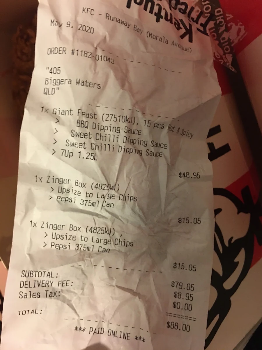 Menu, KFC Runaway Bay