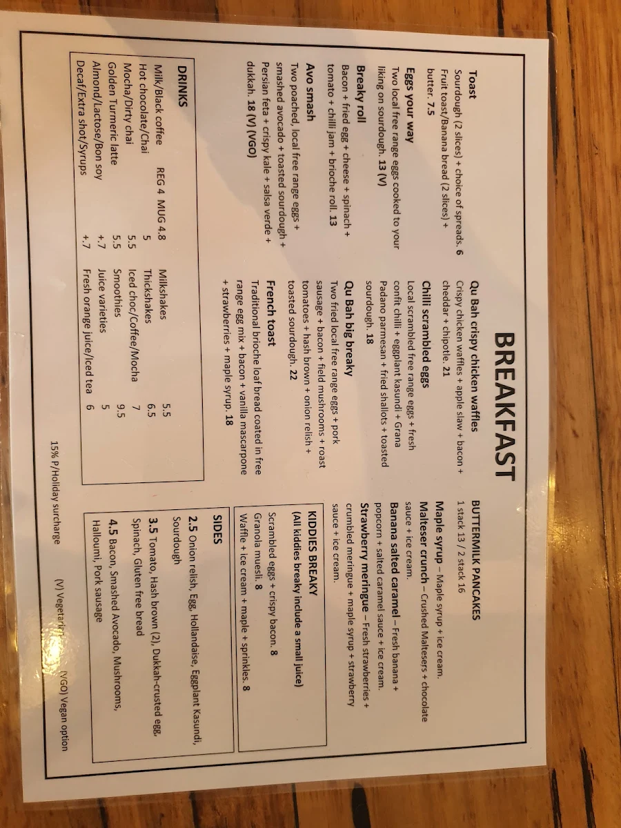 Menu, Cafe Qu Bah