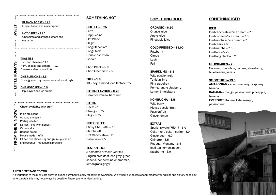 Menu, The Old Milk Bar