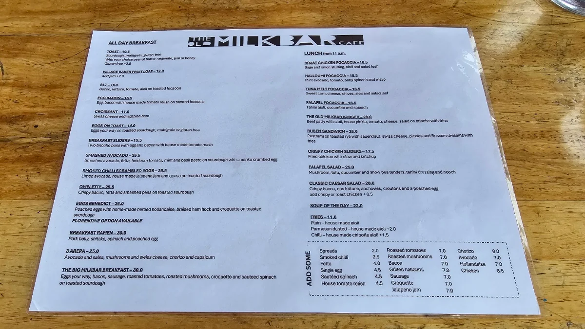Menu, The Old Milk Bar
