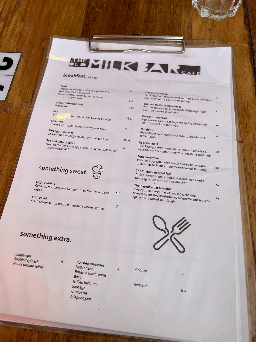 Menu, The Old Milk Bar