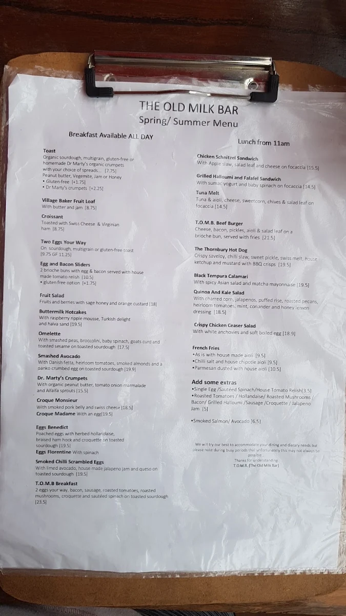 Menu, The Old Milk Bar