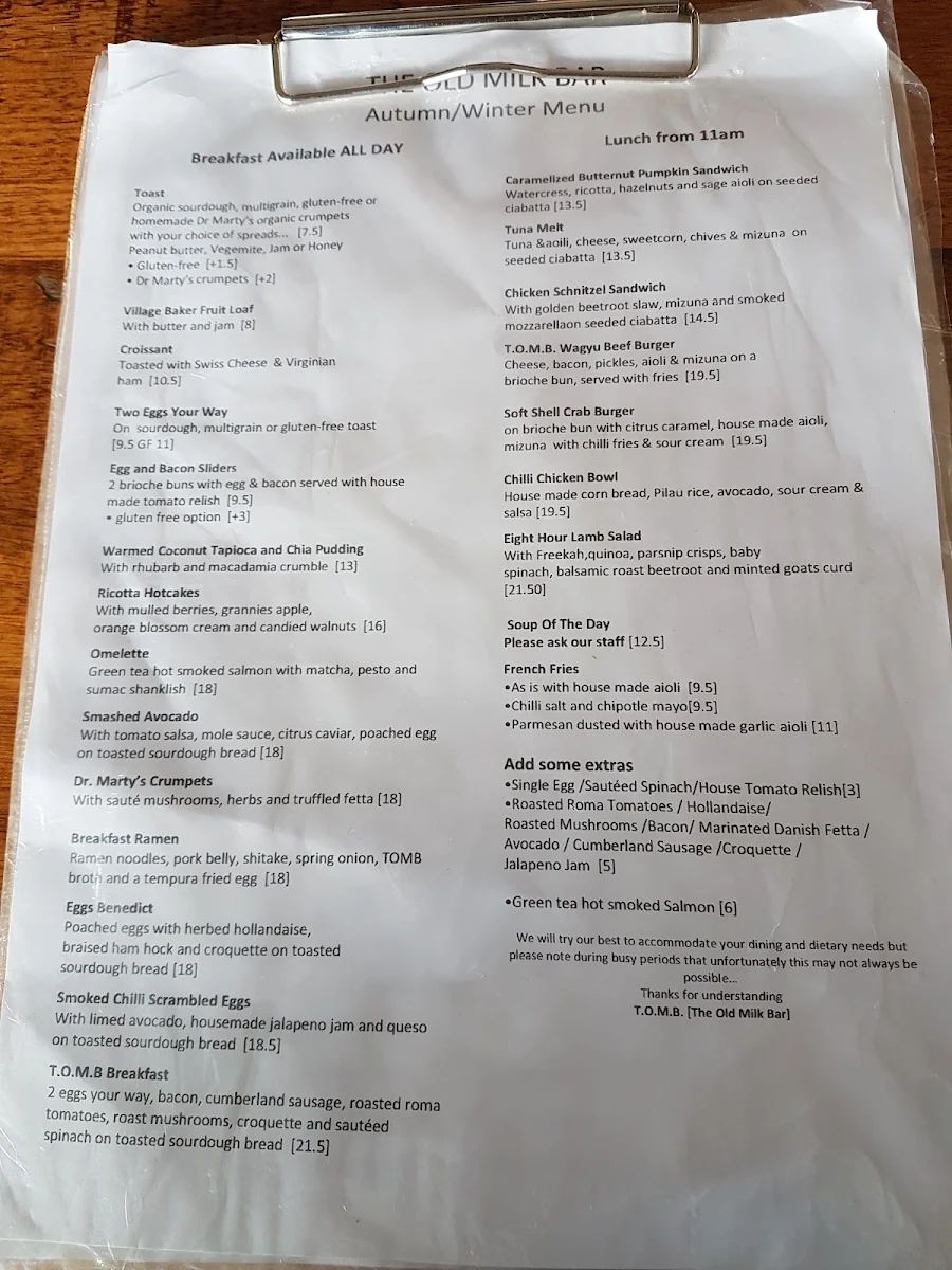 Menu, The Old Milk Bar