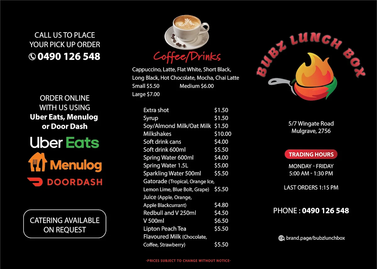 Menu, Bubz Lunch Box