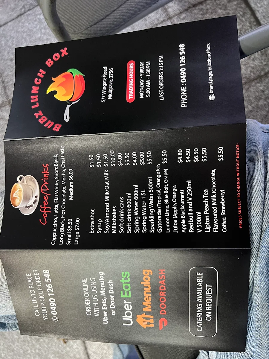 Menu, Bubz Lunch Box