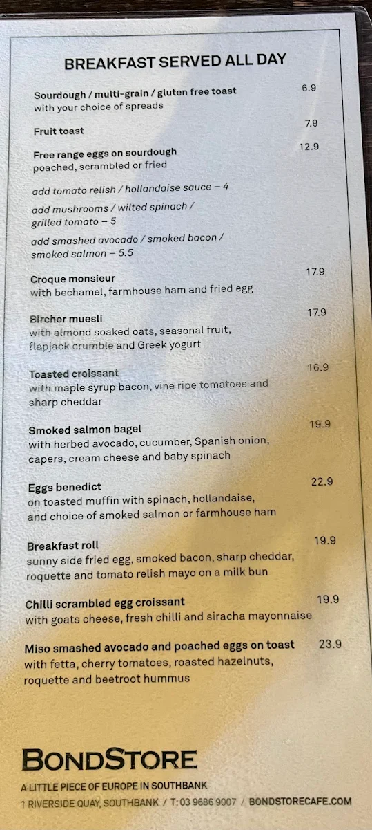 Menu, The Bond Store
