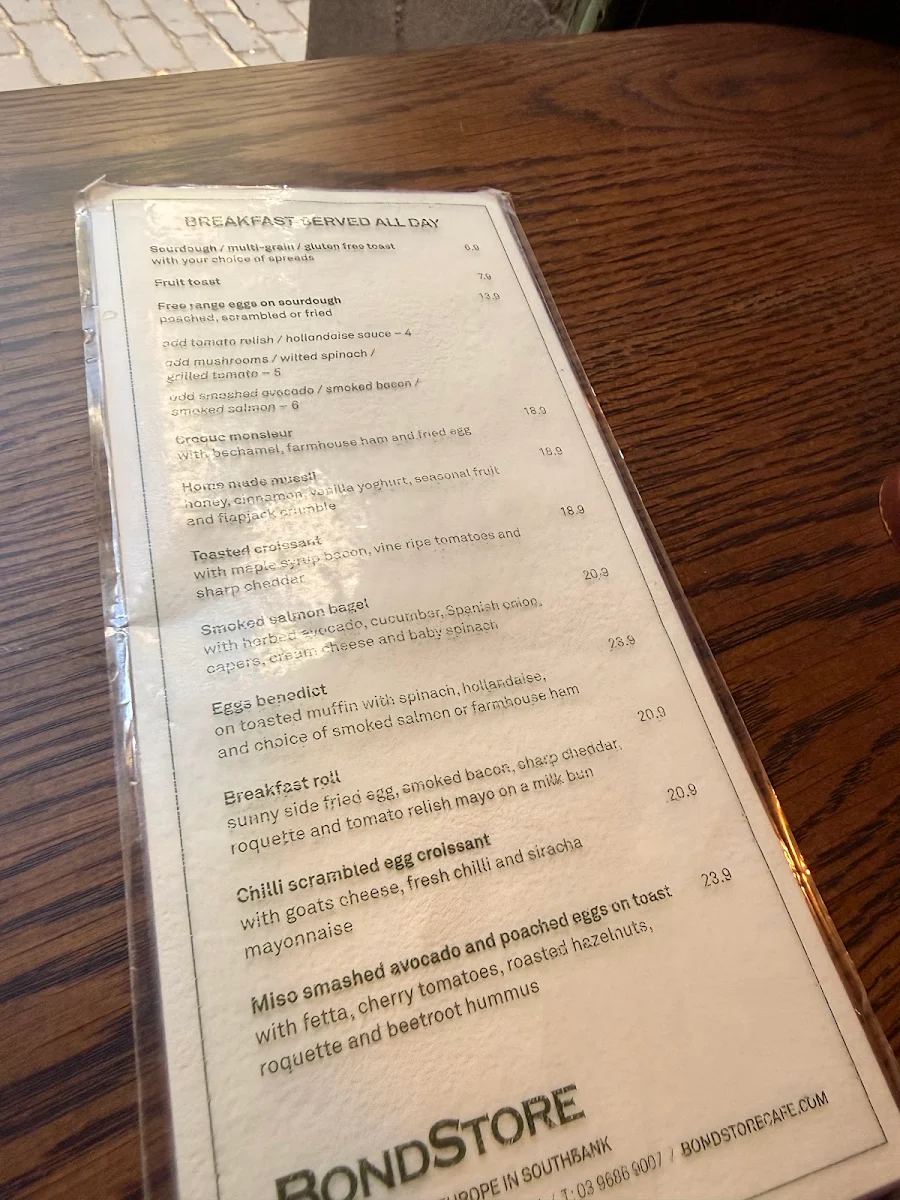 Menu, The Bond Store