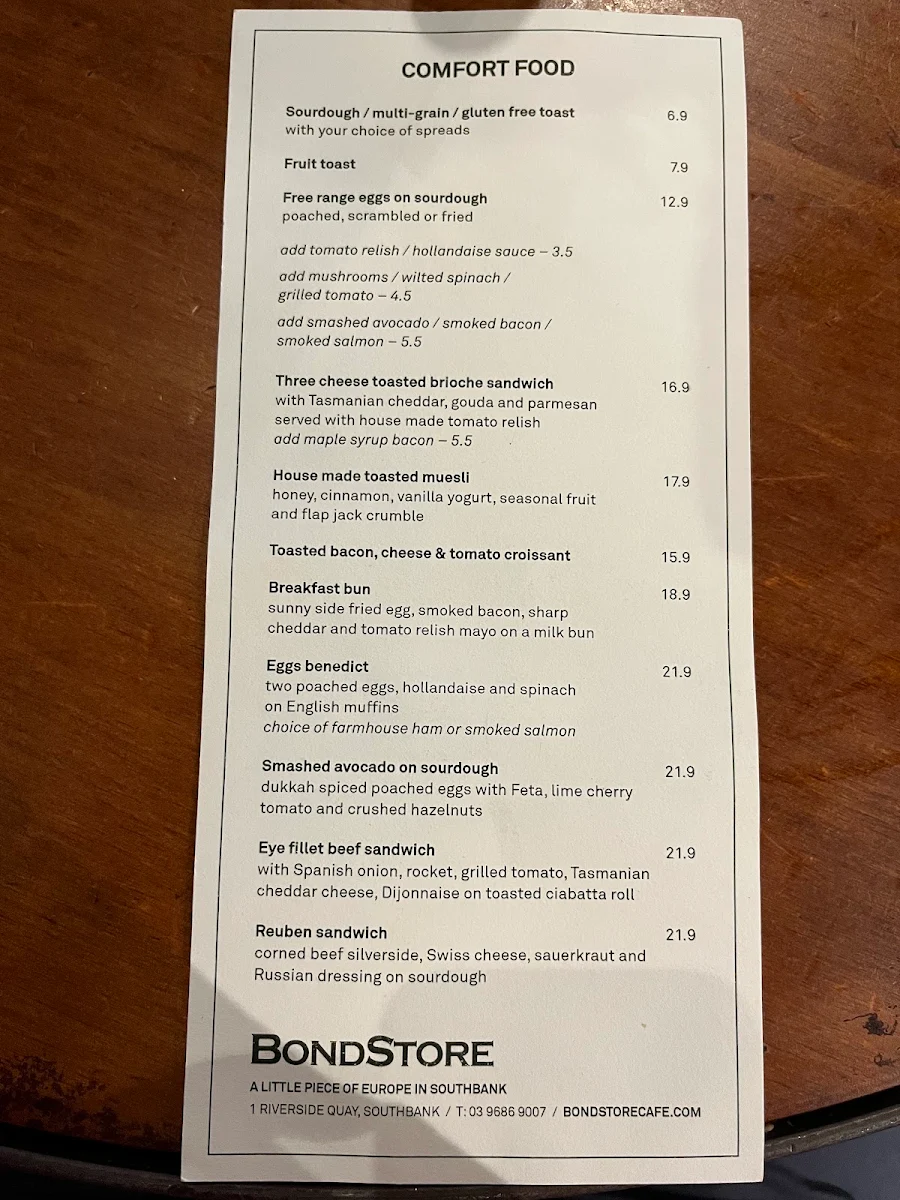 Menu, The Bond Store