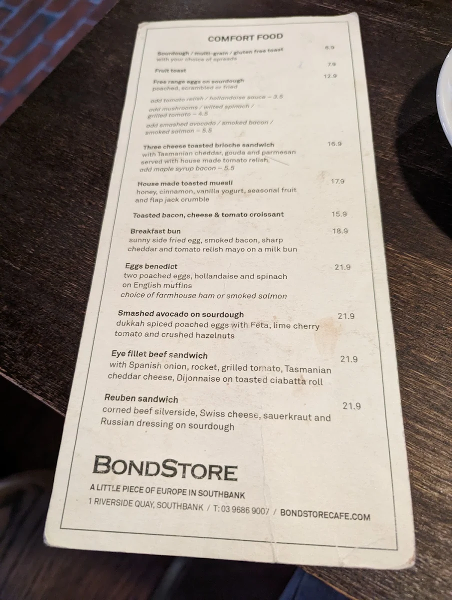 Menu, The Bond Store