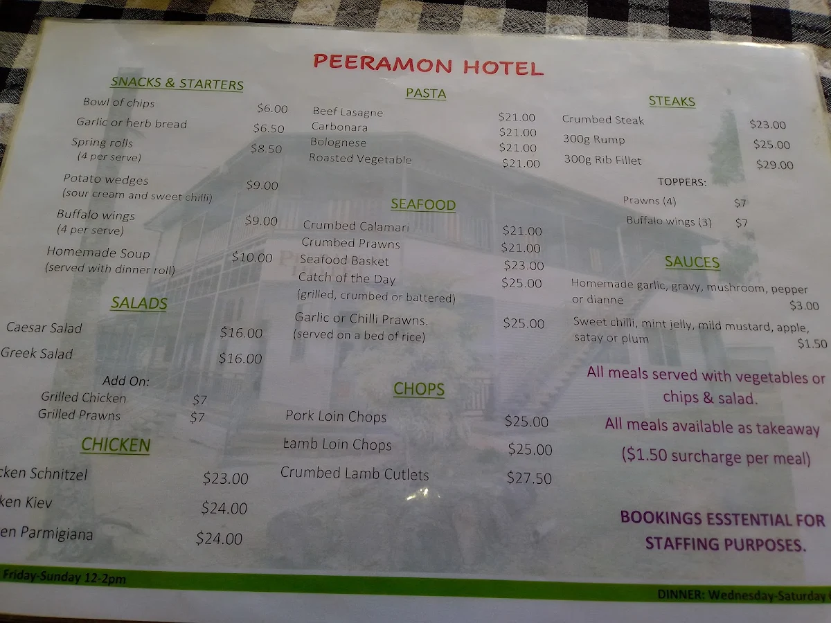 Menu, Peeramon Hotel