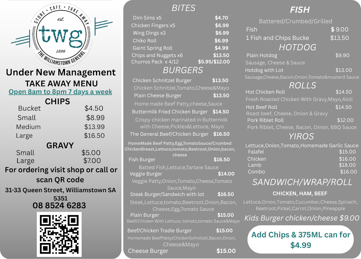 Menu, The Williamstown General