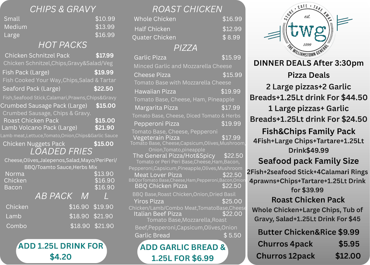 Menu, The Williamstown General