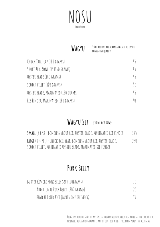 Menu, Nosu KBBQ
