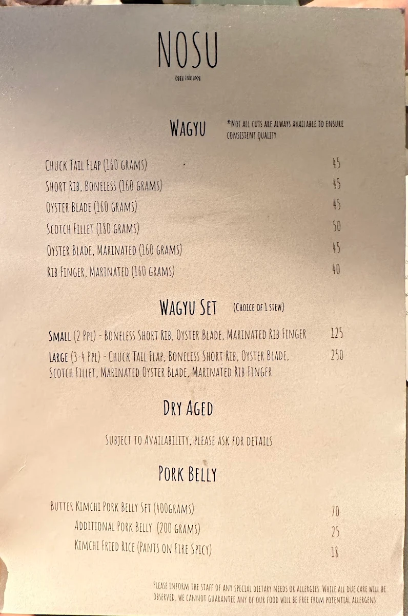 Menu, Nosu KBBQ