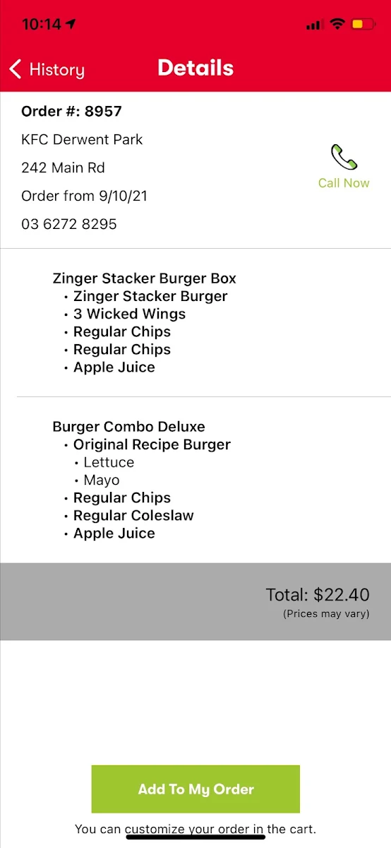 Menu, KFC Derwent Park