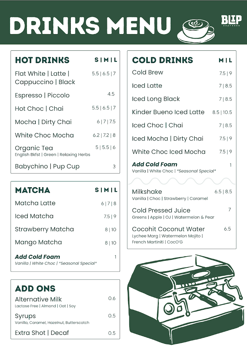 Menu, Blip Espresso