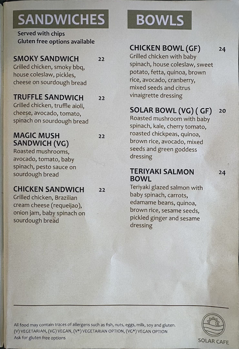 Menu, SOLAR CAFE
