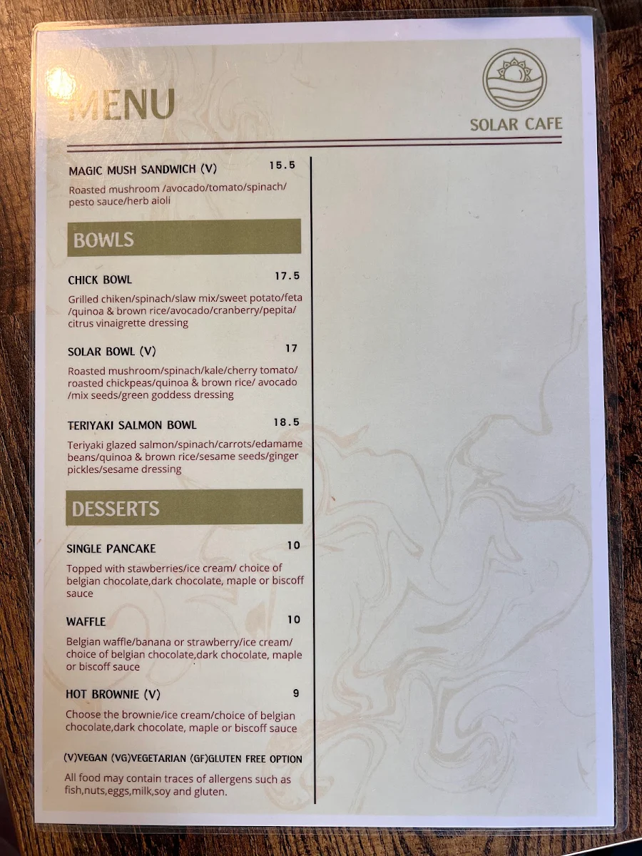 Menu, SOLAR CAFE