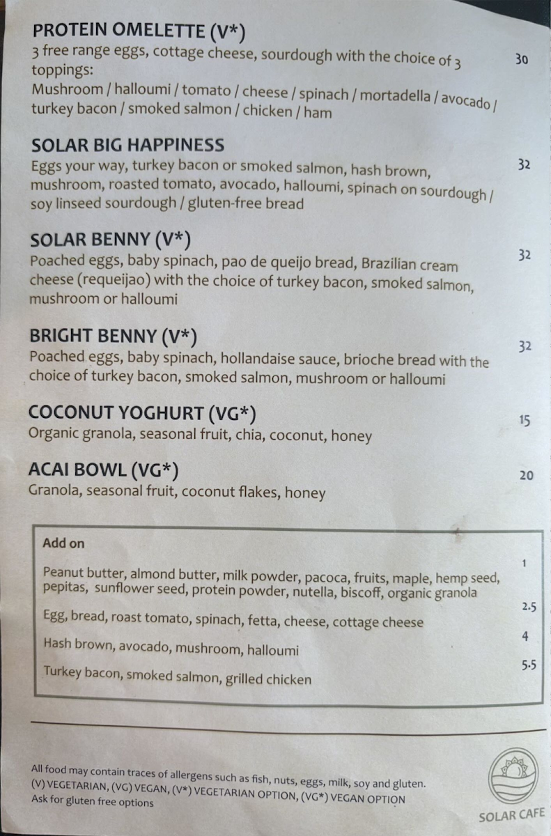 Menu, SOLAR CAFE