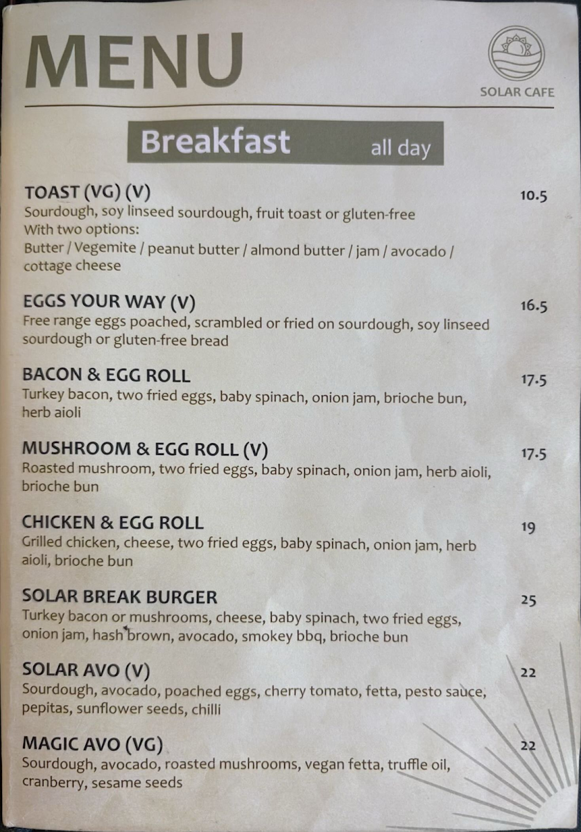 Menu, SOLAR CAFE