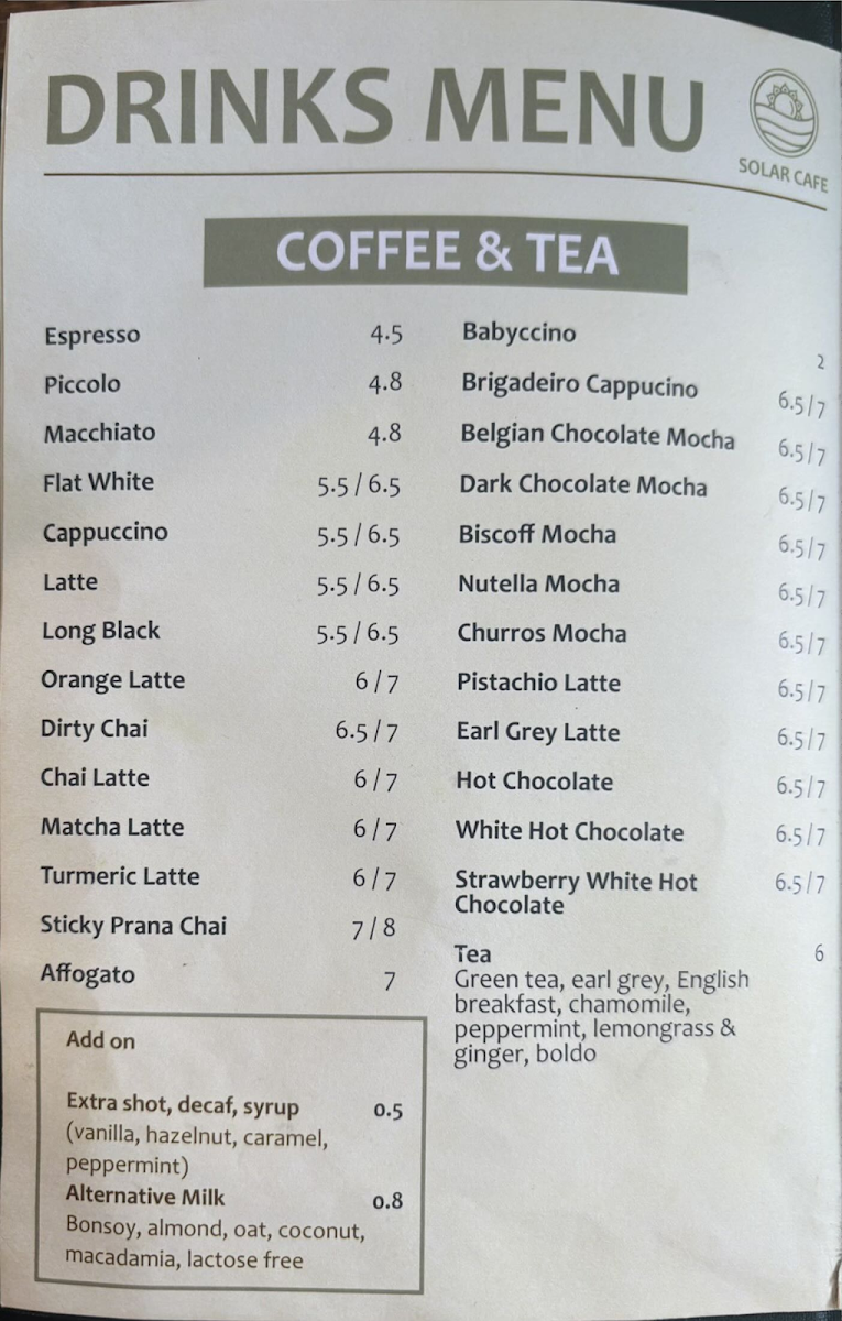 Menu, SOLAR CAFE