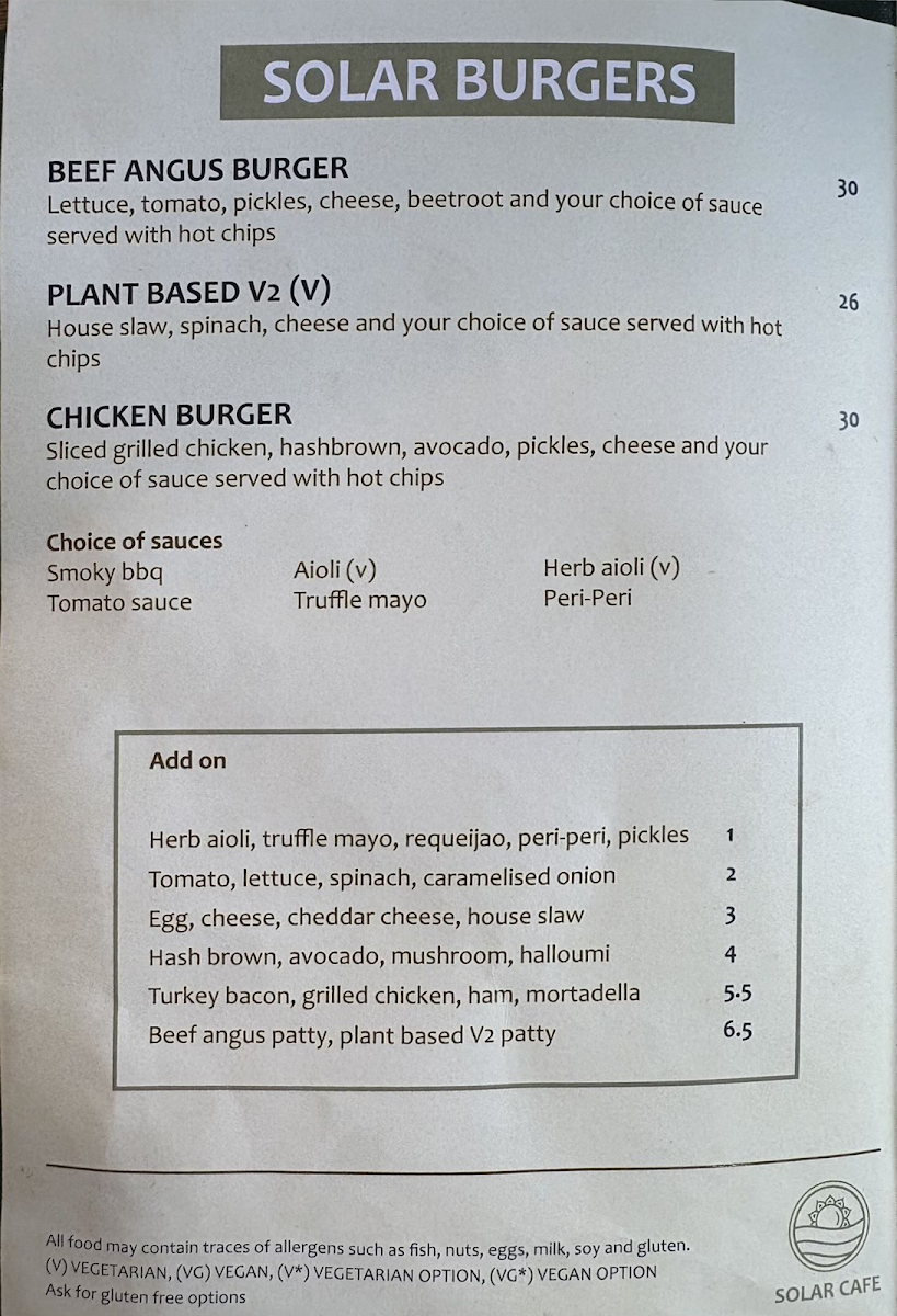 Menu, SOLAR CAFE