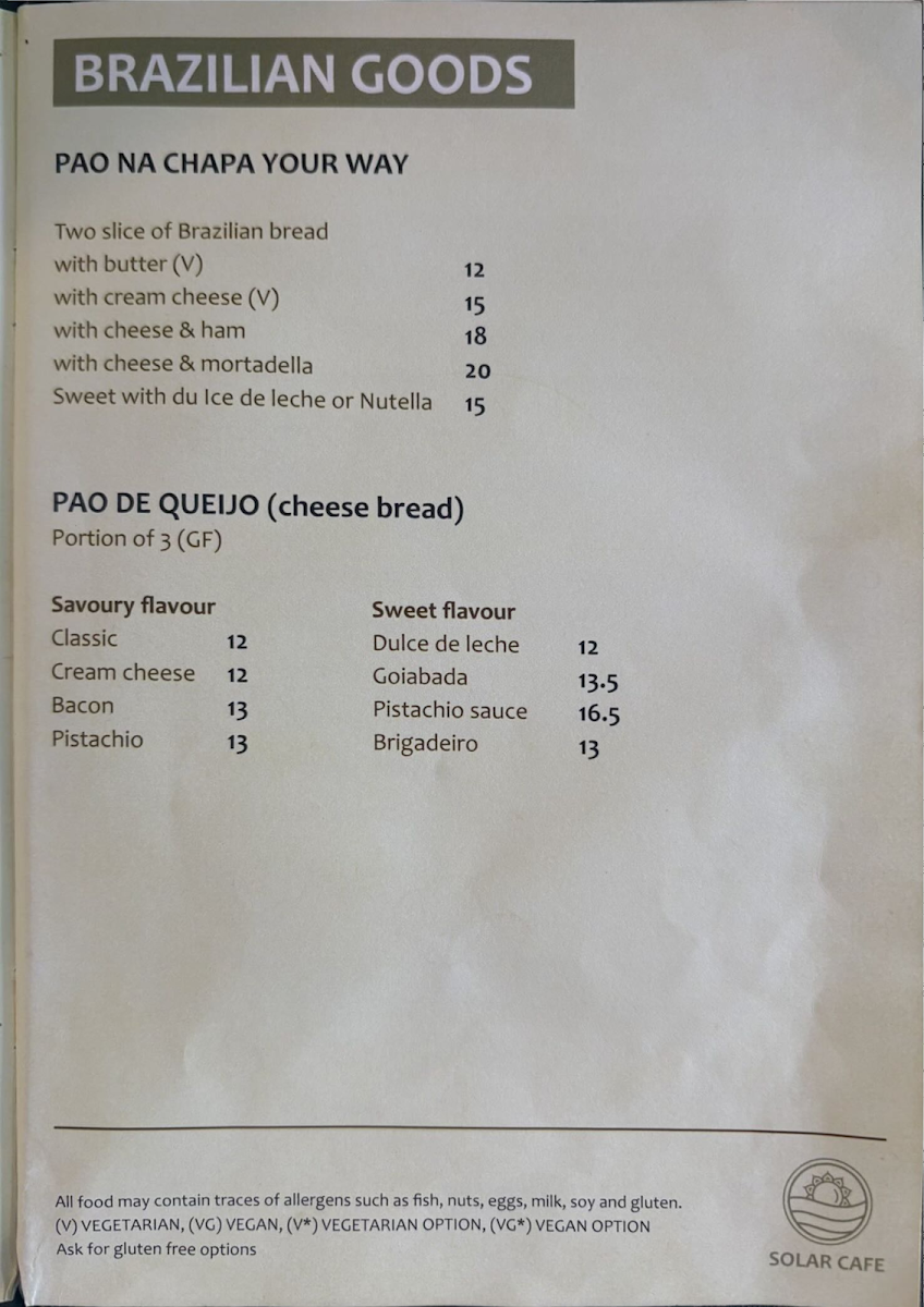 Menu, SOLAR CAFE