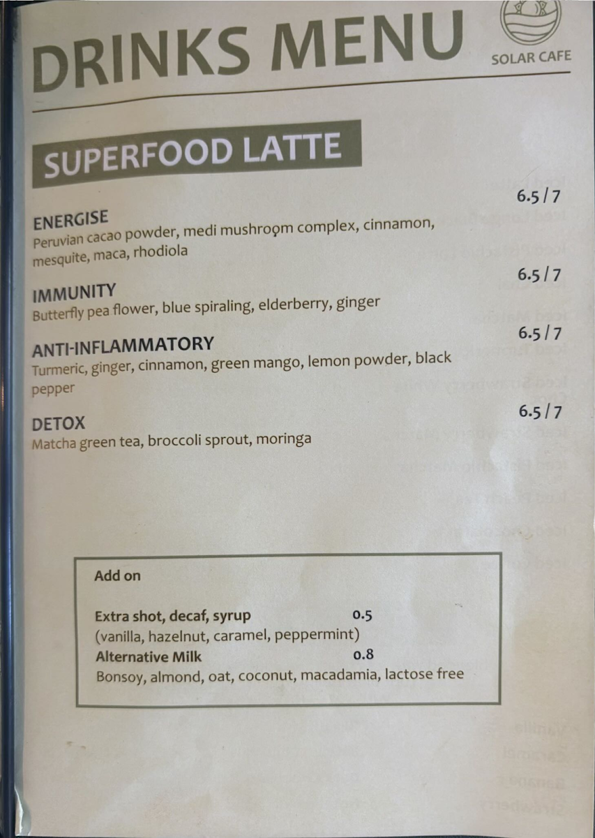 Menu, SOLAR CAFE