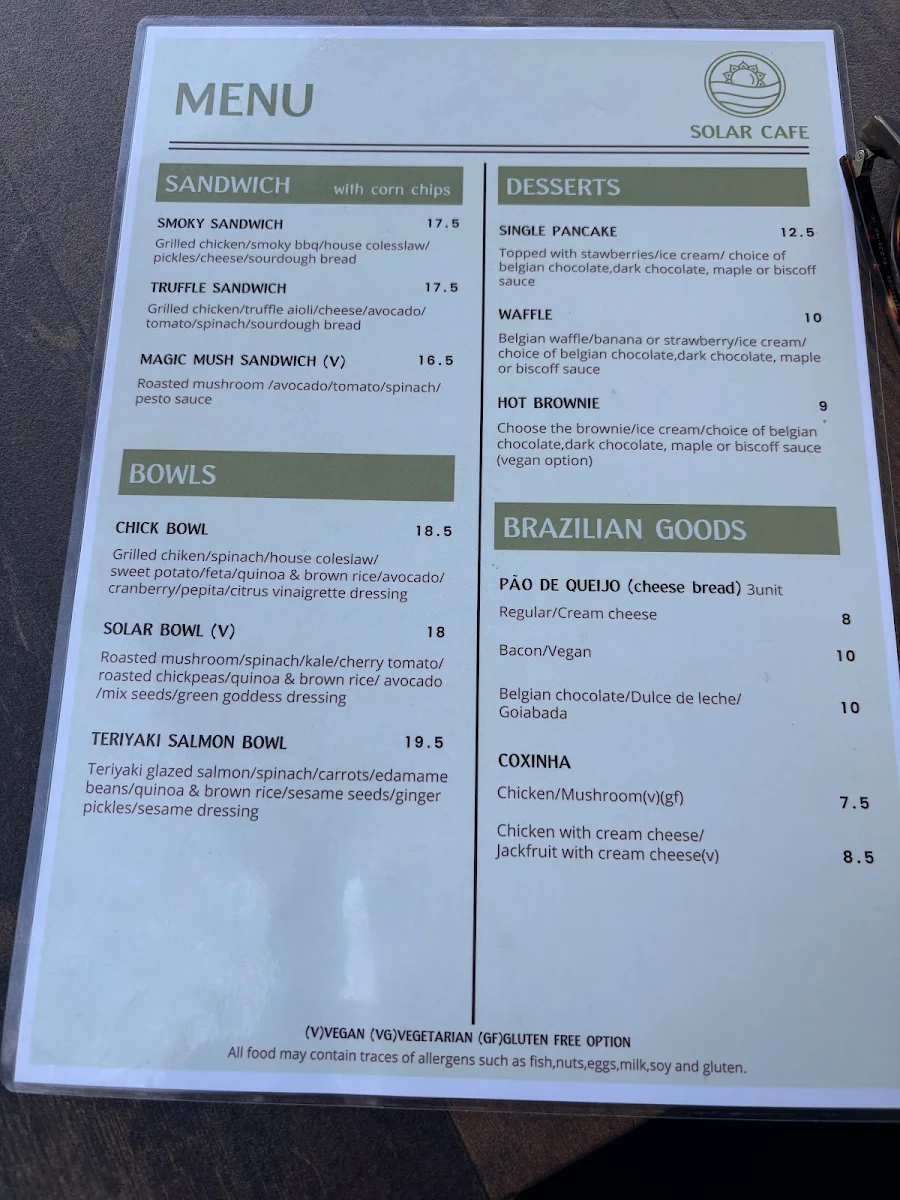 Menu, SOLAR CAFE