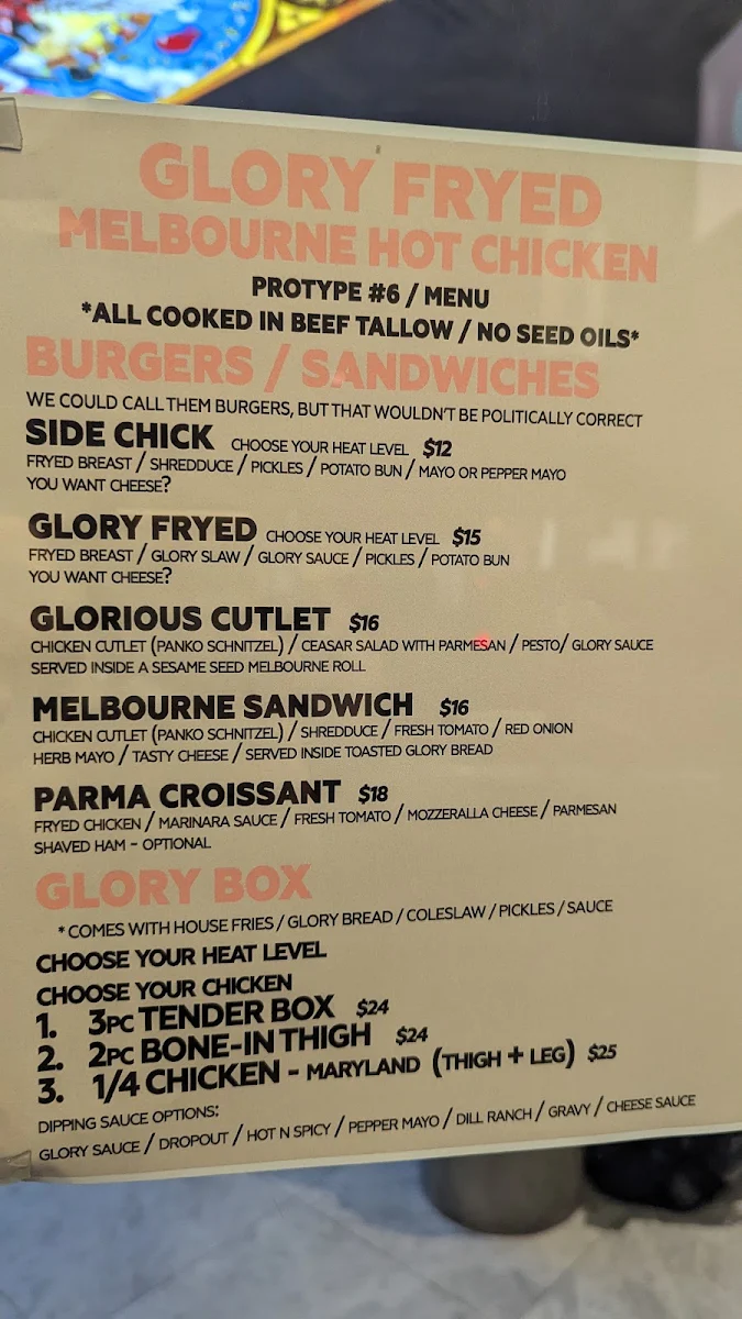 Menu, Glory Fryed