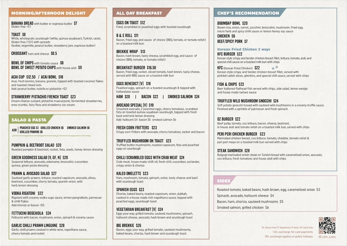 Menu, Cafe Kaleo