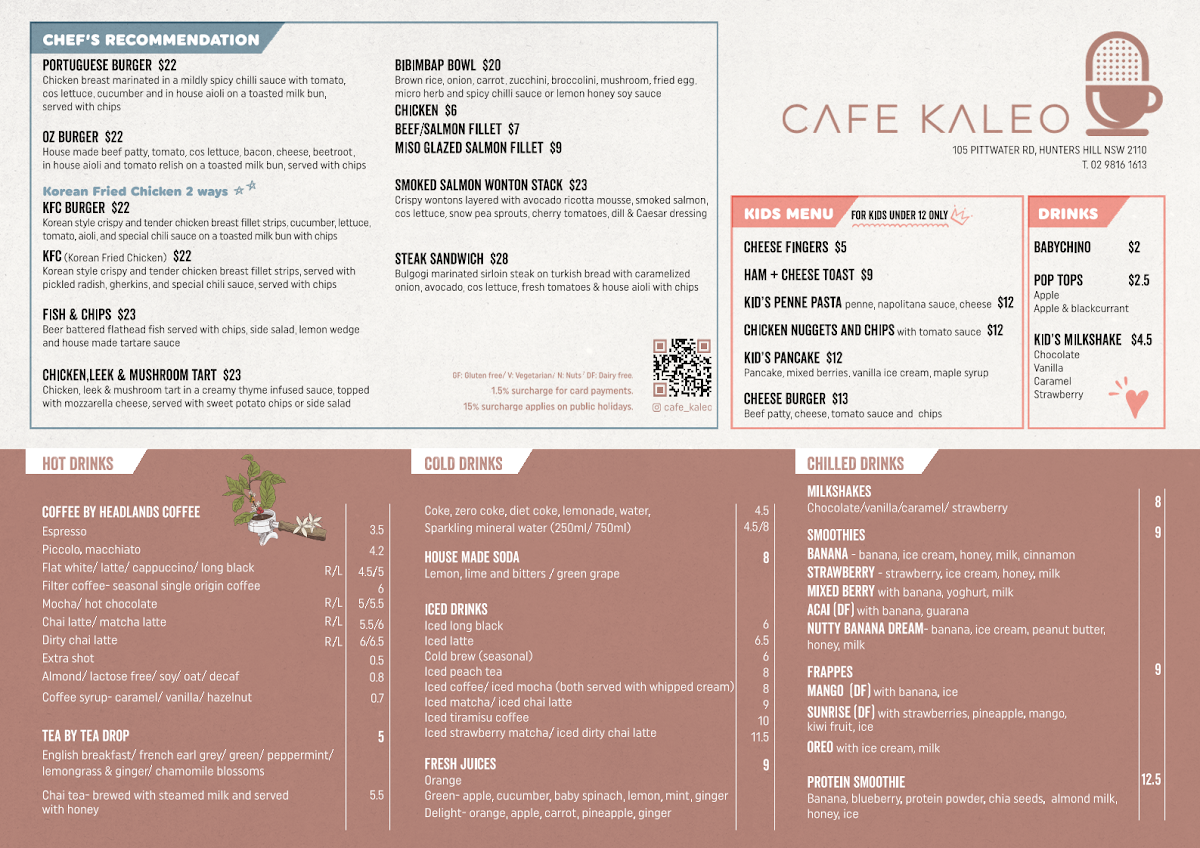 Menu, Cafe Kaleo