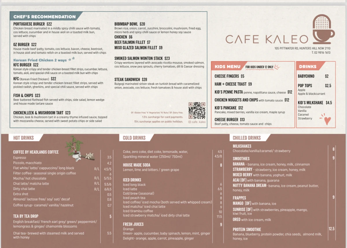 Menu, Cafe Kaleo