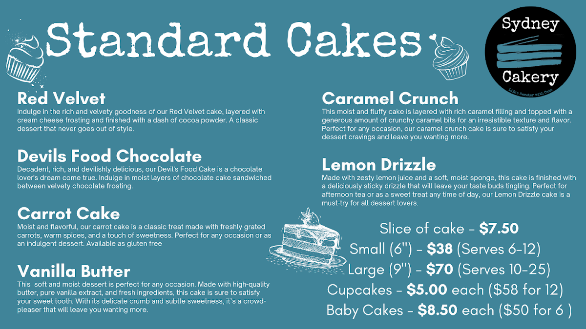 Menu, Sydney Cakery
