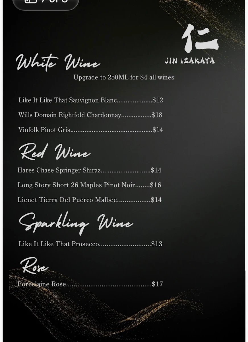 Menu, Jin Izakaya