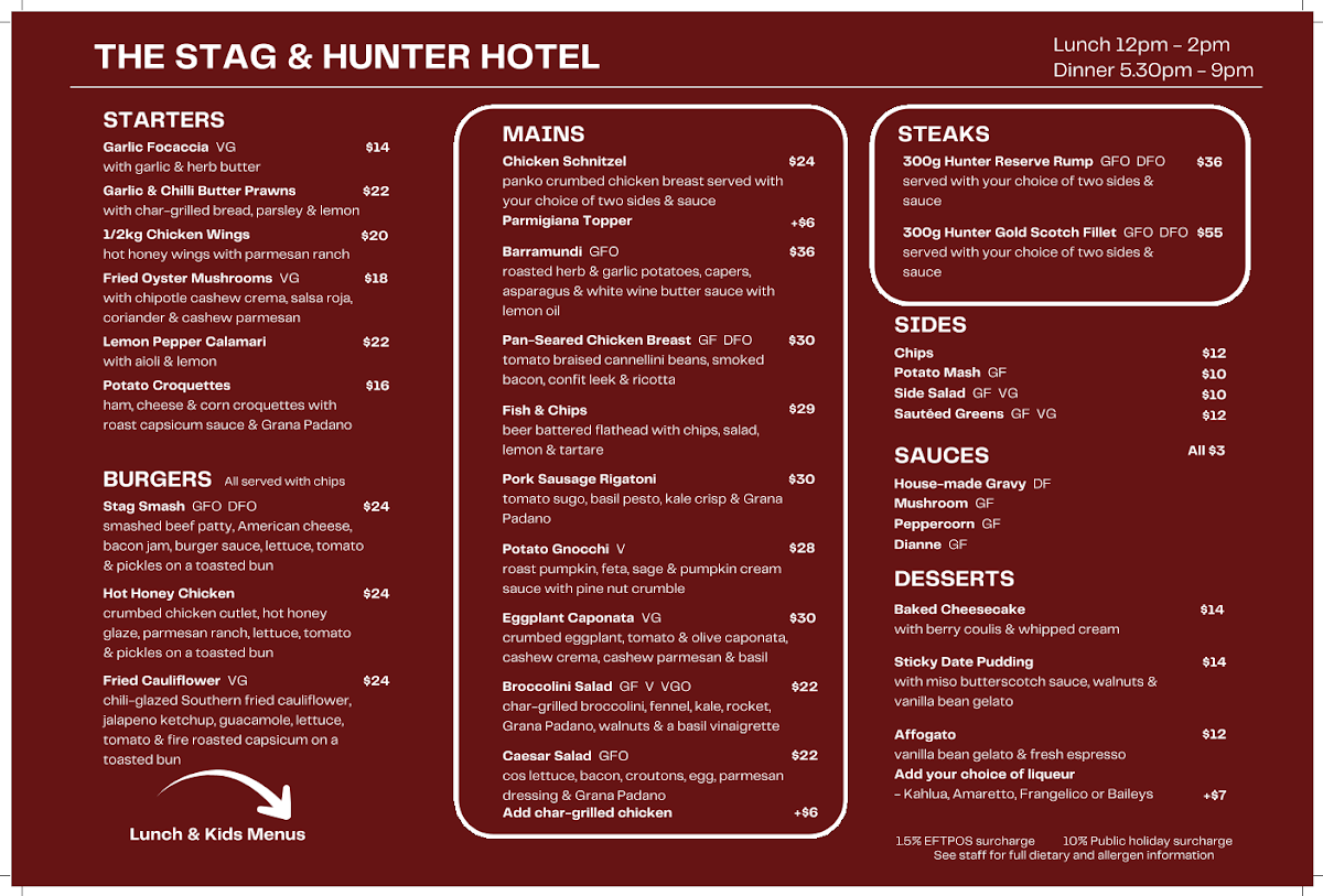 Menu, Stag & Hunter Hotel