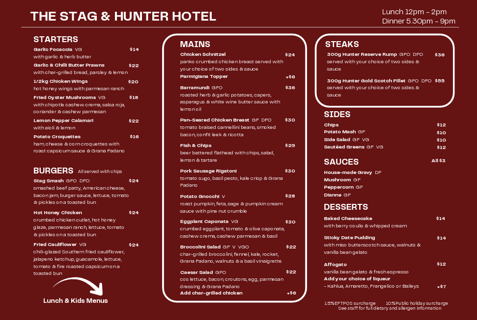 Menu, Stag & Hunter Hotel