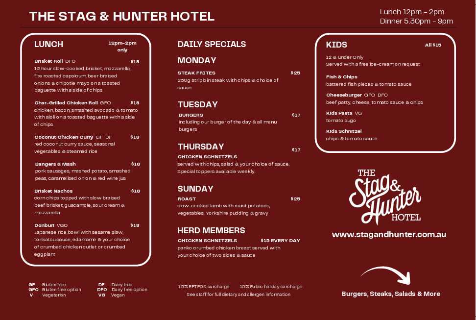 Menu, Stag & Hunter Hotel