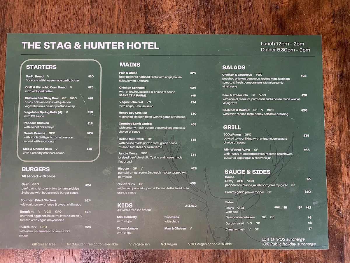 Menu, Stag & Hunter Hotel