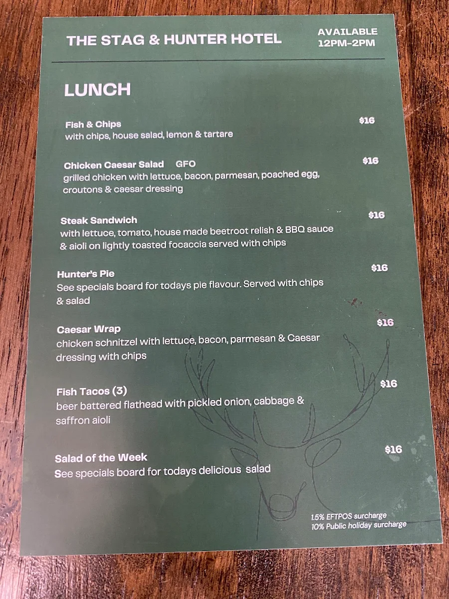 Menu, Stag & Hunter Hotel
