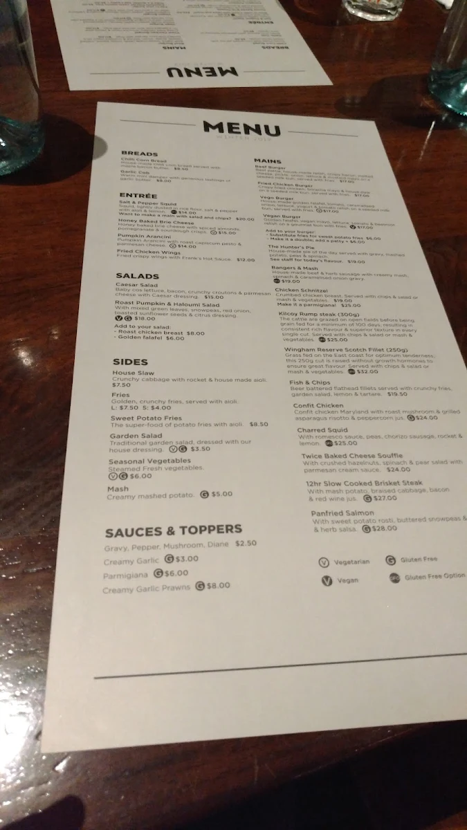 Menu, Stag & Hunter Hotel