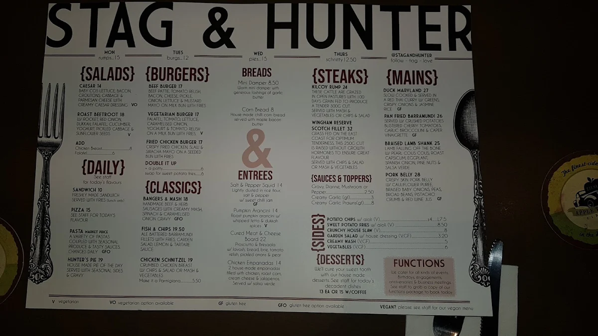 Menu, Stag & Hunter Hotel